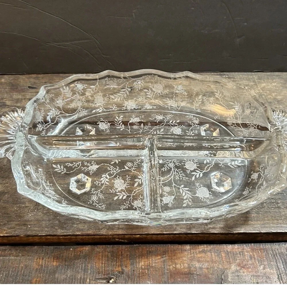 Fostoria Chintz Baroque Etched Floral Clear Glass Dish 3 Section Divided Tray